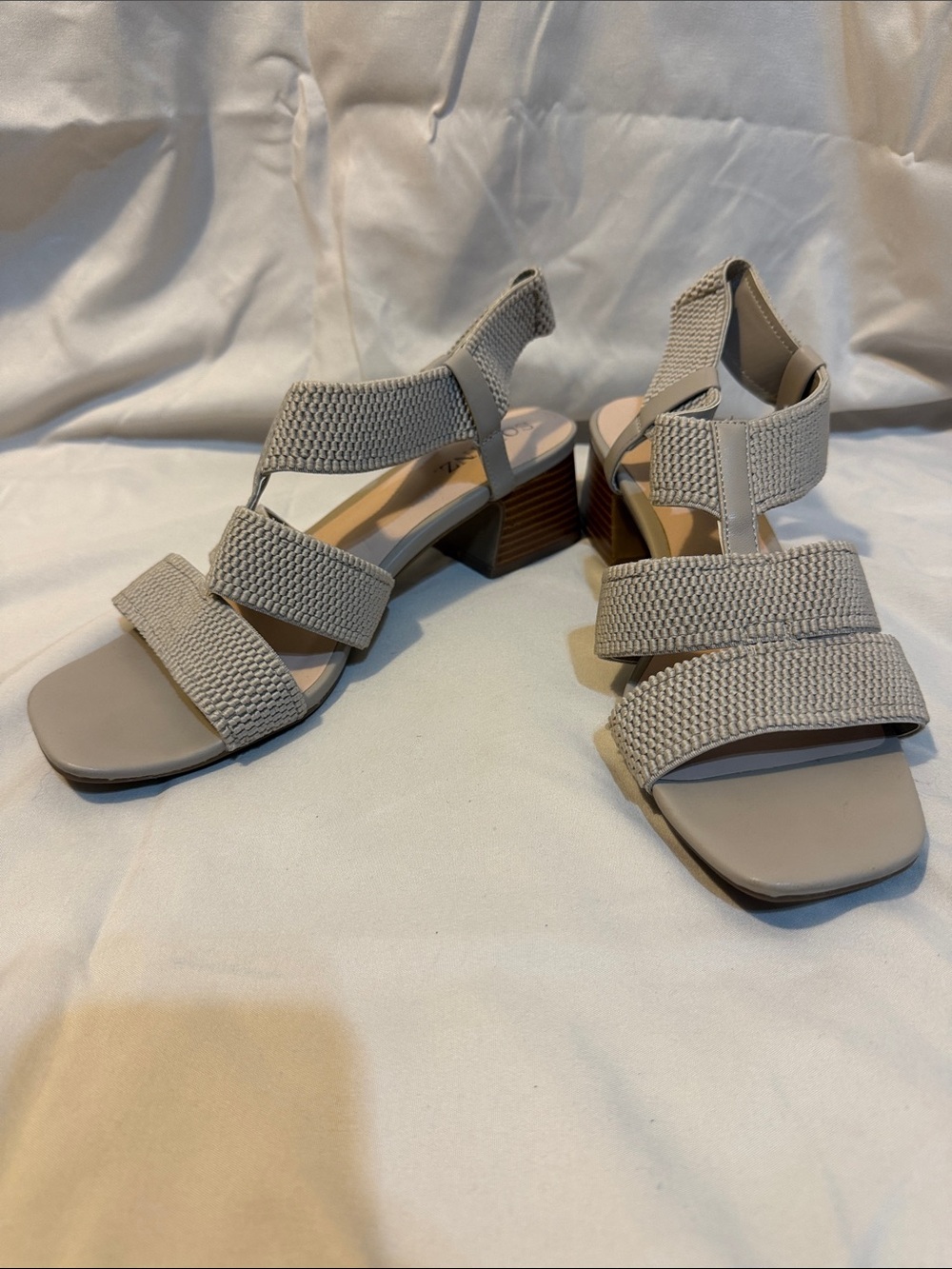 Textured Strap Block Heel Sandals in Light Beige